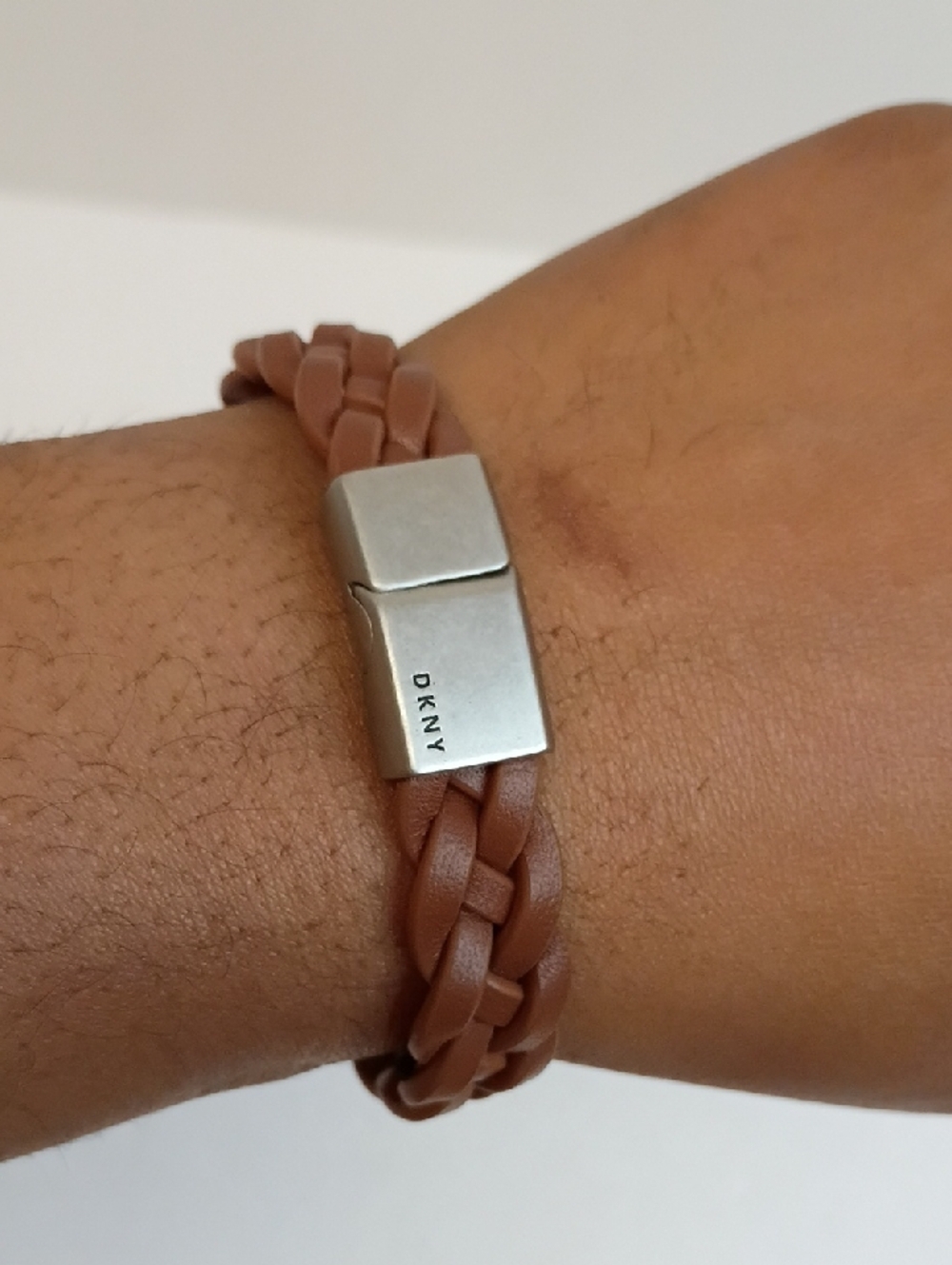 DKNY Braided Leather Wrap Bracelet Tan Brown Silver Magnetic Clasp